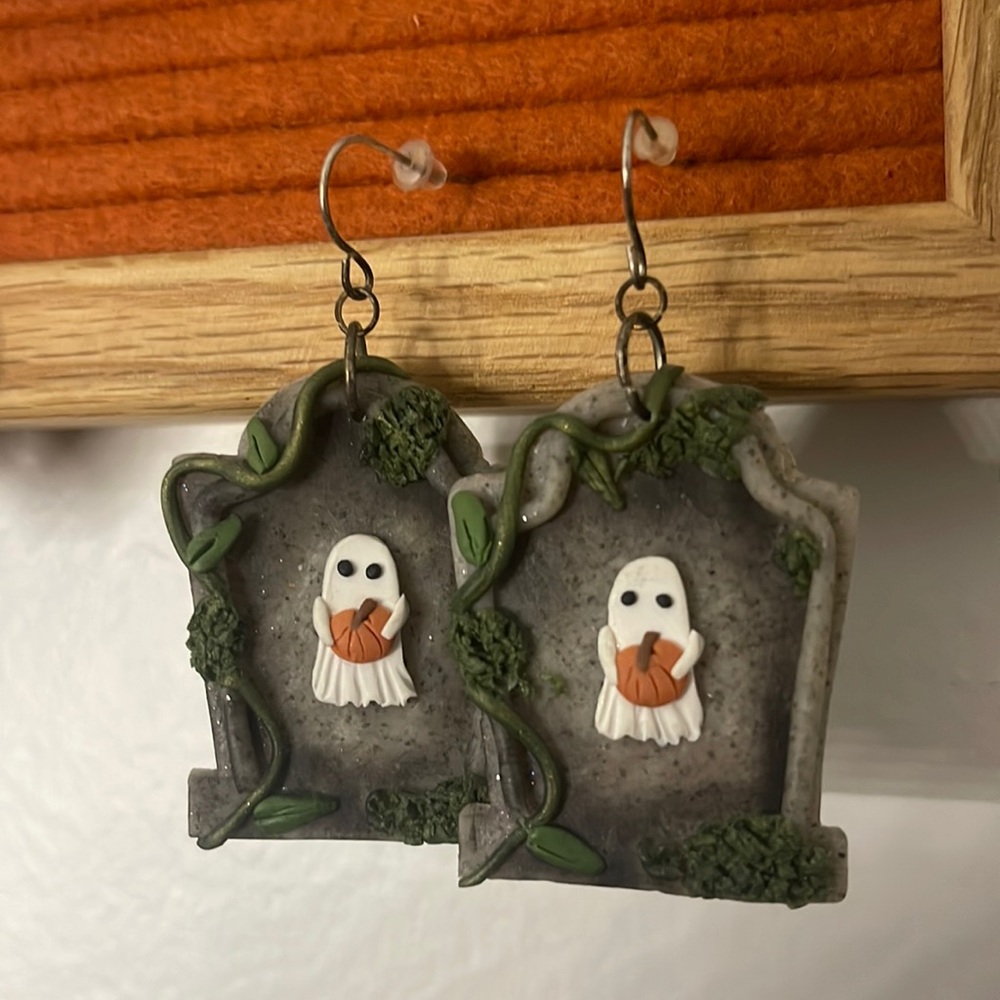 Handmade tombstone ghost earrings